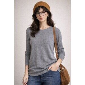 Cynthia Rowley 100% FINE MERINO WOOL Grey Tan Crew Neck Classic Staple Sweater M